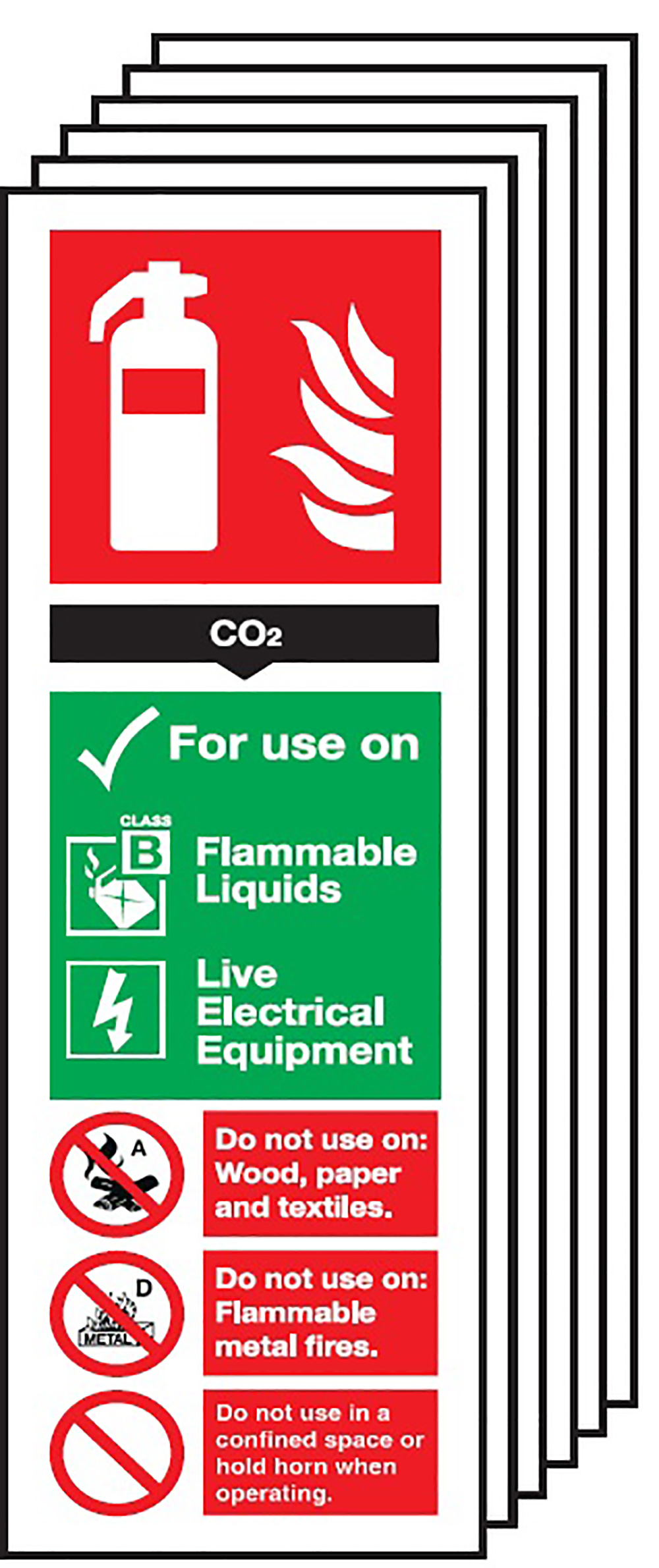 CO2 Fire Extinguisher Sign  300x100mm 1.2mm Rigid Plastic Safety Sign Pack of 6 