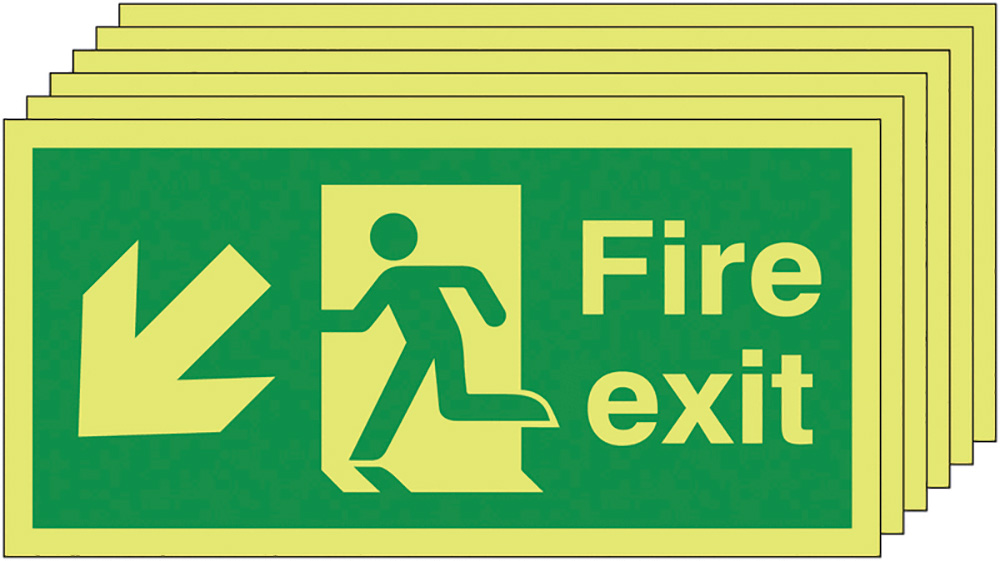 Fire Exit Running Man Arrow Down Left -  Nite Glo Safety Sign Pack   6