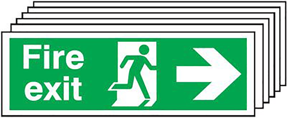 Fire Exit Running Man Arrow Right   150x450mm 1.2mm Rigid Plastic Safety Sign Pack of 6 