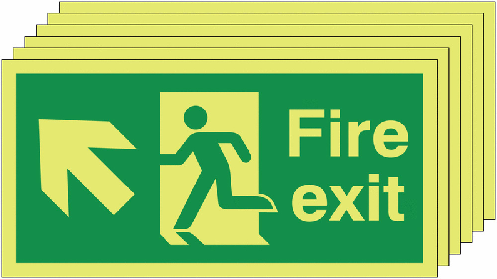 Fire Exit Running Man Arrow Up Left   150x450mm 1.2mm Rigid Plastic Safety Sign Pack of 6 