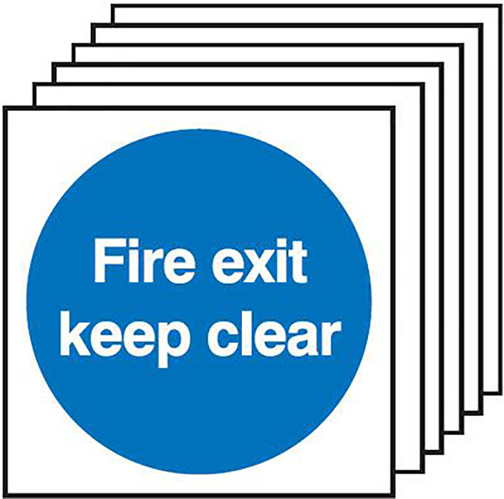 150x150mmFire Exit Keep Clear  150x150mm 1.2mm Rigid Plastic Safety Sign Pack of 6 