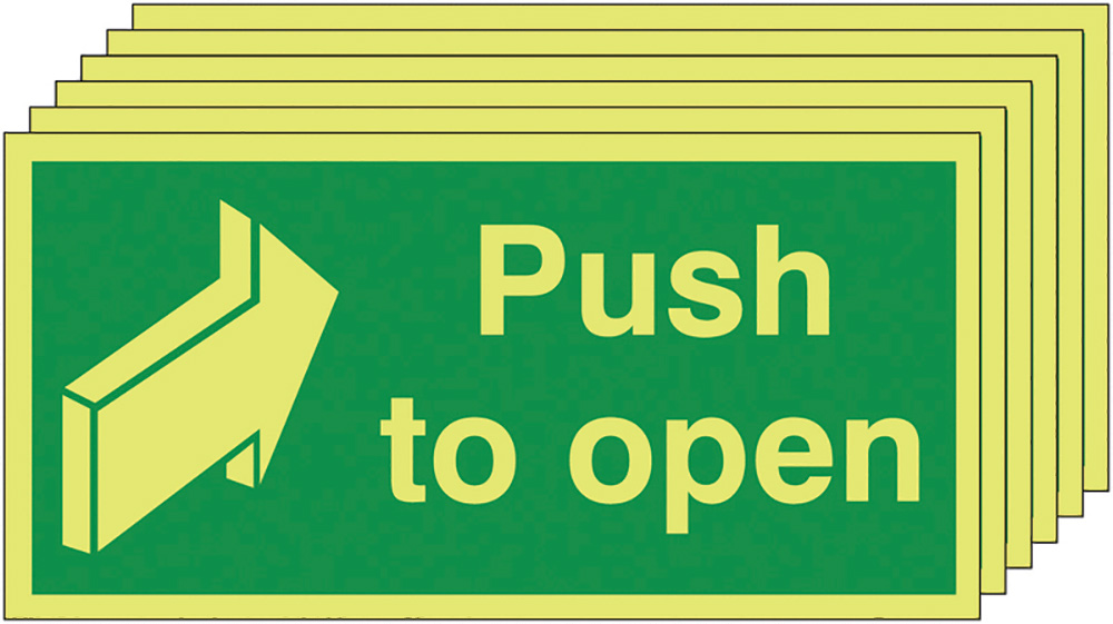Push To Open 50 x 100mm - Nite Glo Safety Sign Pack of 6 Signs
