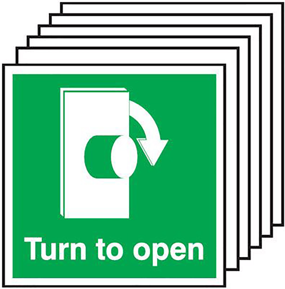 Turn To Open Anti-Clockwise   125x125mm 1.2mm Rigid Plastic Safety Sign Pack of 6 
