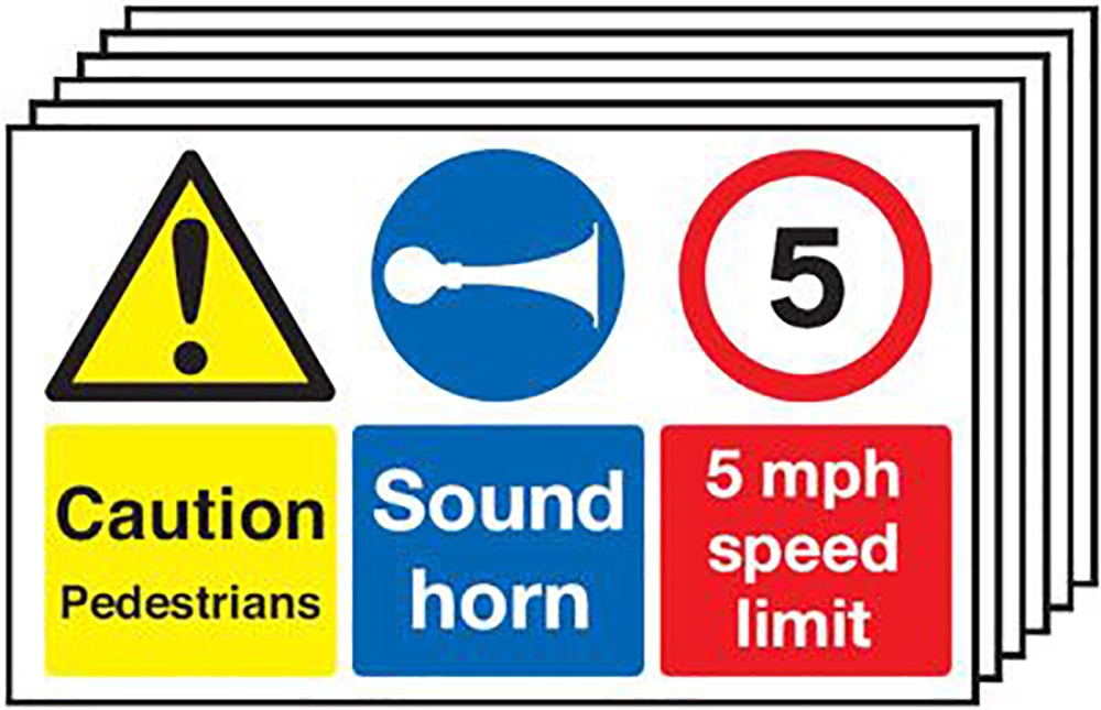 Caution Pedestrians Sound Horn 5mph Speed Limit  300x500mm Rigid Sign Pack of 6