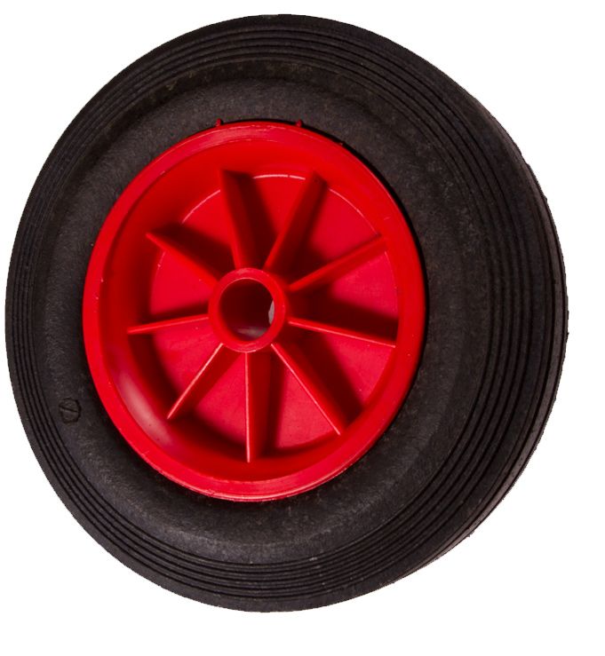 Black Solid Rubber Tyre / Red Polyprop. Ctr Wheel - 200mm - 25.4mm Hub