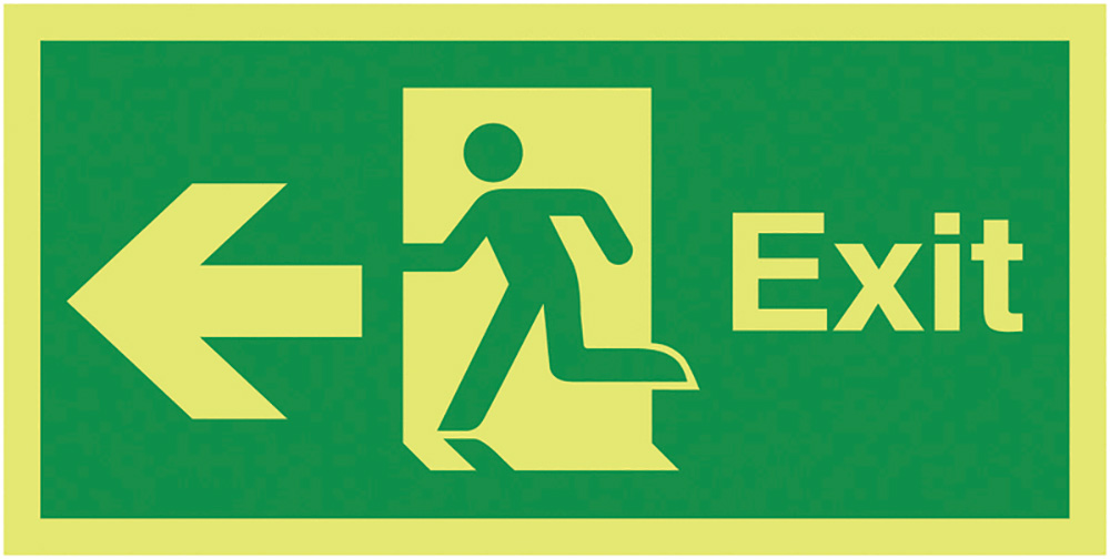 Exit Running Man Arrow Left 150x450mm Nite Glo Safety Sign   Nite Glo