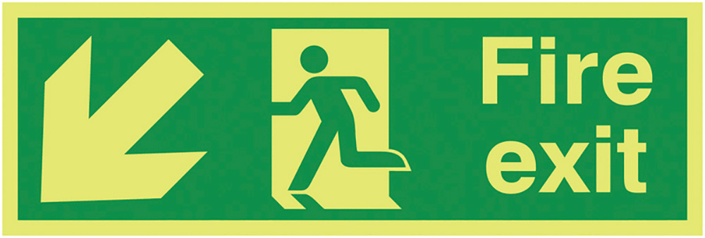 Fire Exit Running Man Arrow Down Left Nite Glo Safety Sign Nite Glo