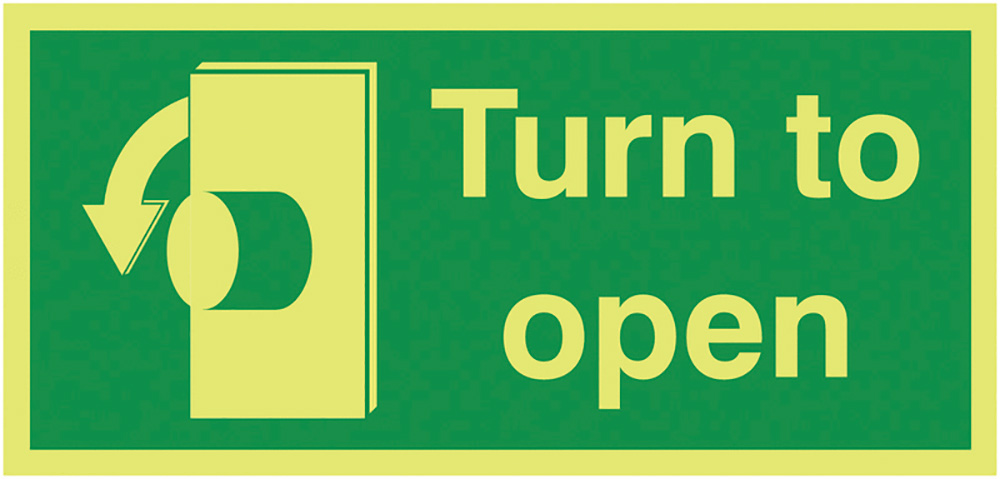 Turn To Open Anti-Clockwise 50x100mm - Nite Glo Safety Sign   Nite Glo