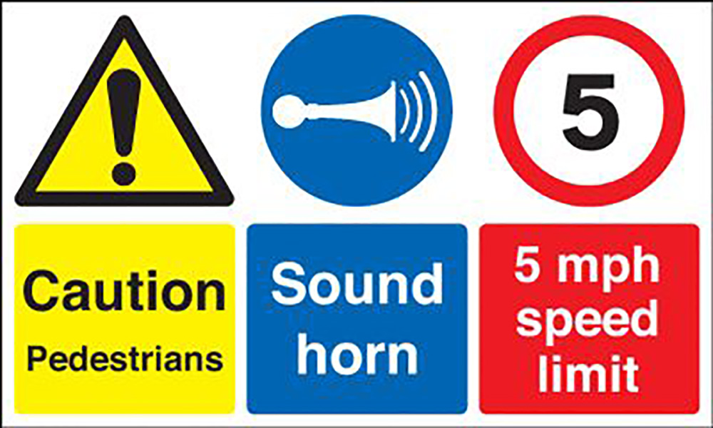 Caution Pedestrians Sound Horn 5mph Speed Limit 300x500mm Plastic Sign  