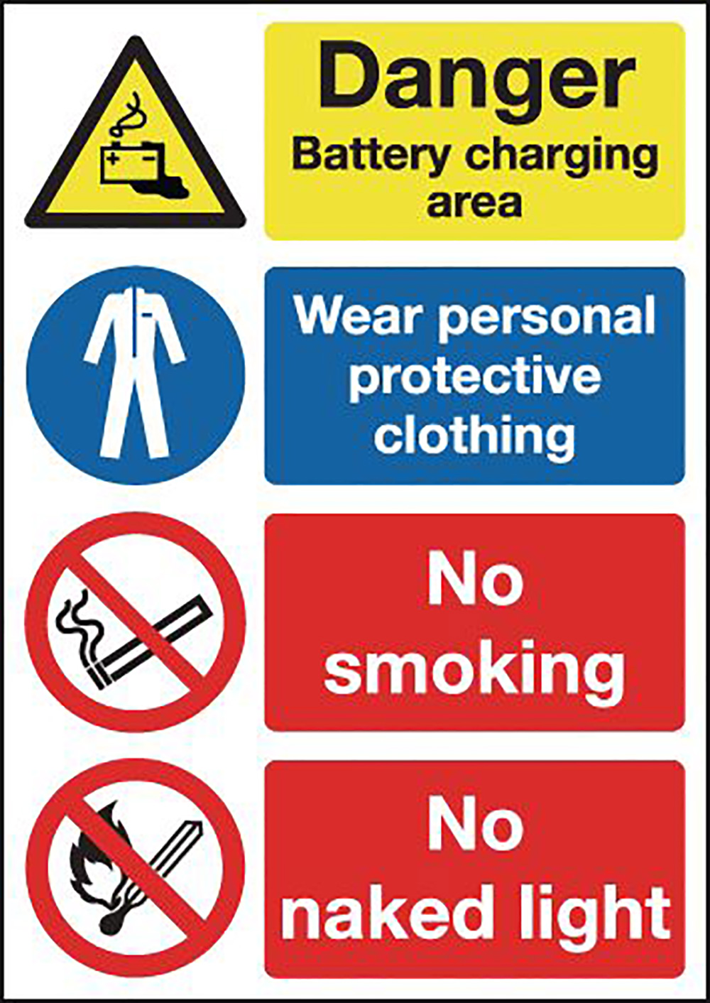 Danger Battery Charging Area Wear PP Clothing No Smoking No Naked Light 297x210mm Rigid Sign 