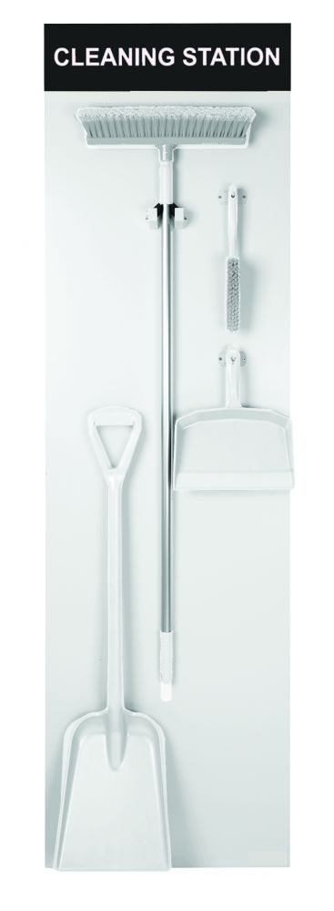 White Shadow Board Stocked Dustpan  brush  broom and shovel