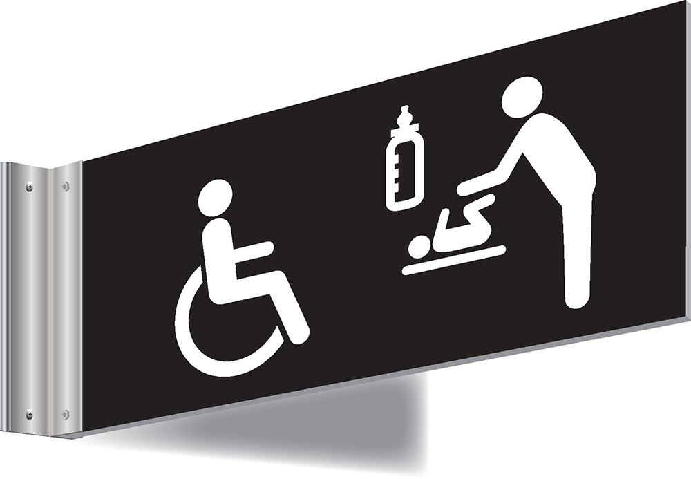 150x300mm Disabled   Baby changing Symbol Double-sided Washroom Sign - T Bar - White text on black background