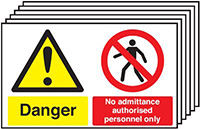 Danger No Admittance Authorised Personnel Only 300x500mm Rigid Sign Pack of 6 Signs