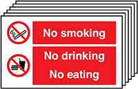 No Smoking No Drinking No Eating  300 x 500mm Rigid Sign Pack of 6 Signs