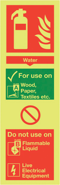 Water Extinguisher For Use On 300 x 100mm - Nite Glo Safety Sign