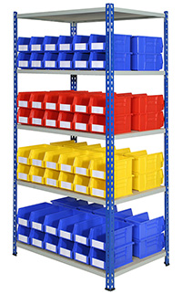 J Rivet Shelving Bay with 5 Shelves and 96 Bins
