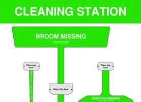 Green Cleaning Station Shadow Board Non Stocked Dustpan  brush and broom