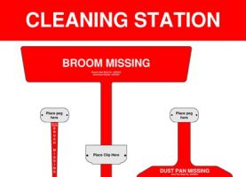 Red Cleaning Station Shadow Board Non Stocked Dustpan  brush and broom