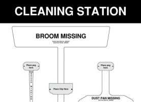 White Cleaning Station Shadow Board Non Stocked Dustpan  brush and broom